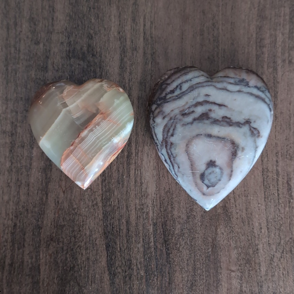 2 Polished Stone Heart Set Banded Onyx Zebra Calcite Decor Paperweights Boho